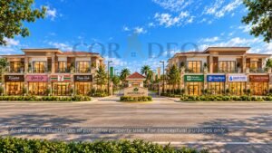 illustration of potential two-storey commercial buildings with retail shops and residential spaces above at Montebello Residences
